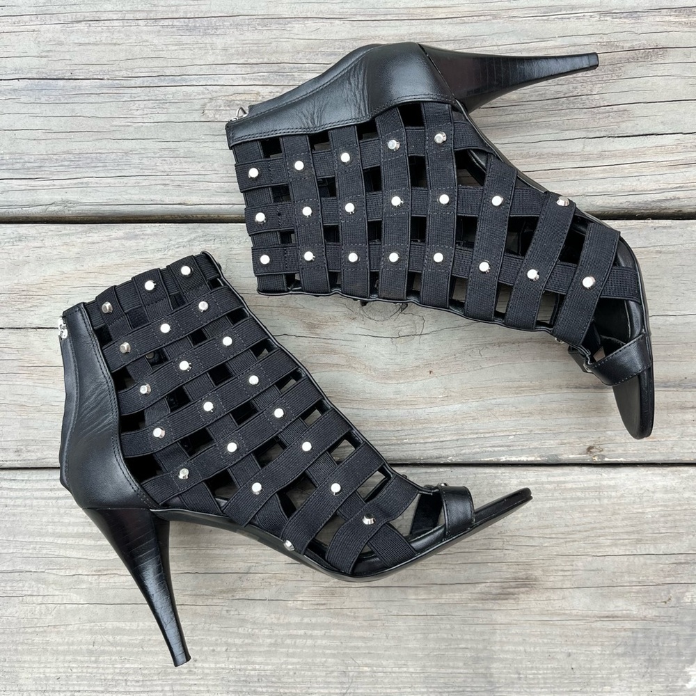 Michael Kors Leather Caged Studs Open Toe Booties Black Womens 7.5